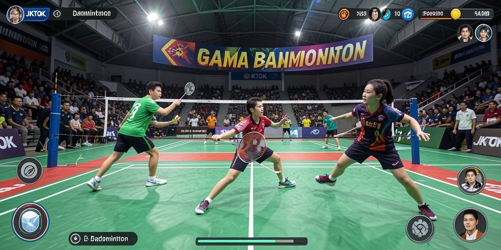 Tampilan antarmuka JKTOK dengan aksi badminton yang seru.