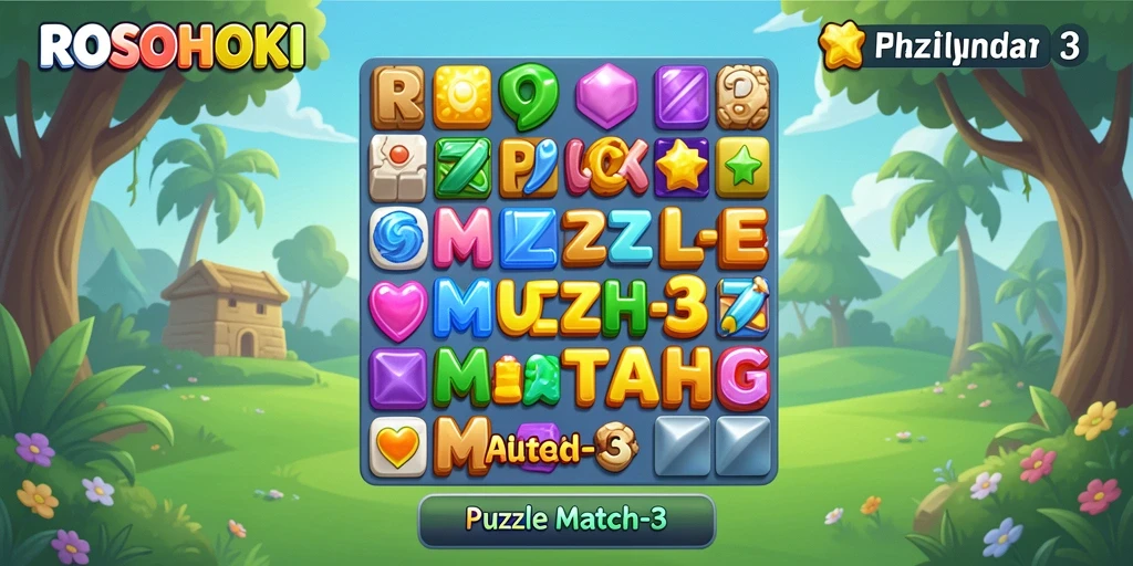 Antarmuka permainan Puzzle Match-3 ROSOHOKI yang menarik dan penuh warna.